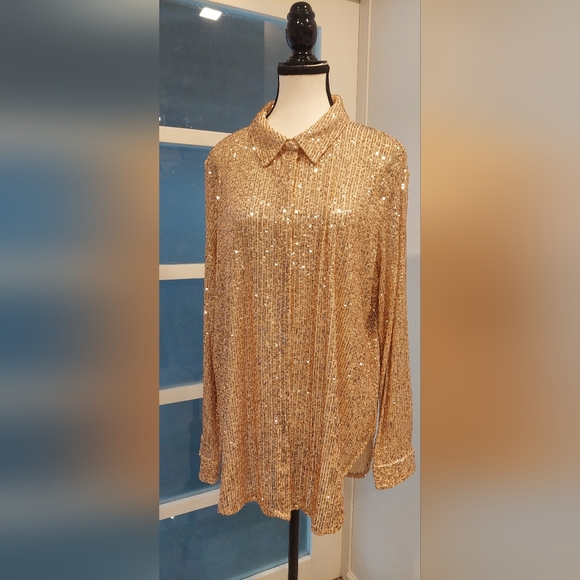 Calvin Klein Gold Sequin Button Down Shirt - Picture 1 of 10